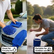 Portable Car Wash Kit, 1pc 13L Collapsible Water Bucket & 1 Chenille Microfiber Mitt & 2 Towels - Outdoor Cleaning Kit Multi-Use For Auto, RV, Outdoor Adventures - A - View 5