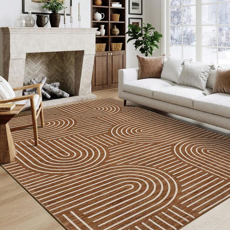 1Pcs Room Decor Modern Rainbow Stripe Geometric Rug For Living Room Bedroom Runner For Hallway Non-Slip Machine-Washable Floor Mat Foldable & Durable Home Decor Abstract Area Rug For Dining Room Dorm - Camel - View 1