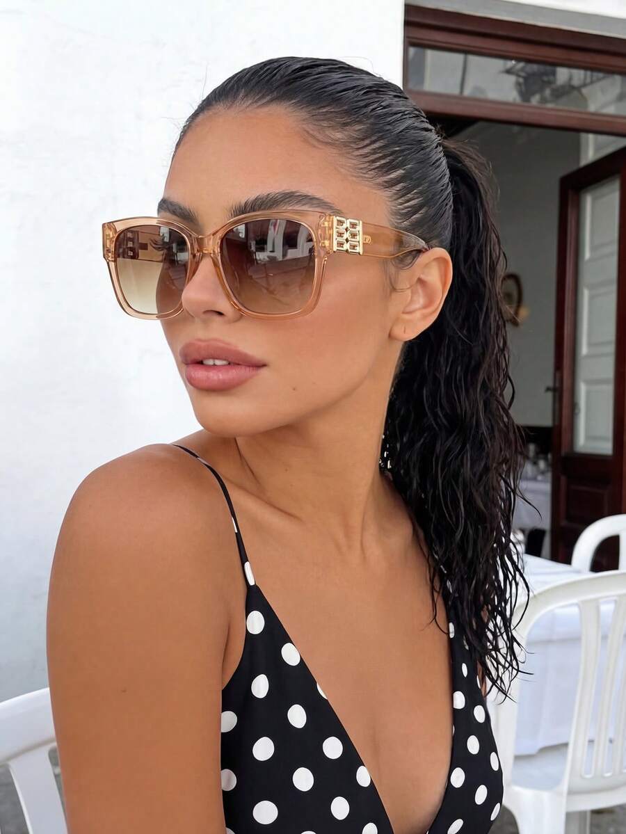 Gafas de sol de plástico con marco cuadrado grande de estilo retro color champán, decoración clásica para deportes al aire libre, ciclismo, viajes, playa, conducción, pesca, protección UV de verano - Champán - Ver 1