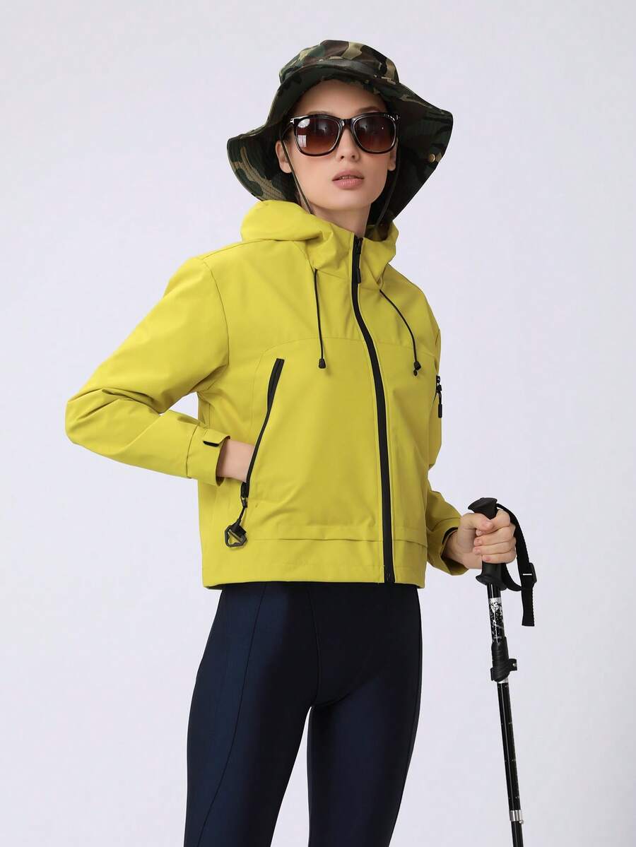 Women's Outdoor Jacket, Lightweight Solid Color Long Sleeve Zipper Pocket Jacket, Thin Casual Windbreaker For Outdoor Sports, Running, Cycling, Camping, Hiking, Daily Wear - Yellow - View 1