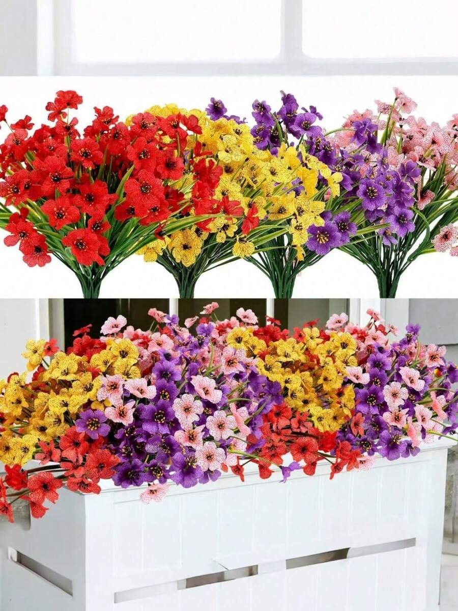 8 bó hoa giả, cây nhựa trông như thật, thích hợp cho vườn trong nhà/ngoài trời, hiên nhà, bệ cửa sổ, nhà cửa, đám cưới, trang trí nhà nông thôn, hoa giả ngoài trời, không phai màu, có thể dùng để trang trí, chậu cây treo, bình hoa nhà bếp (4 màu) - Nhiều màu - Xem 1