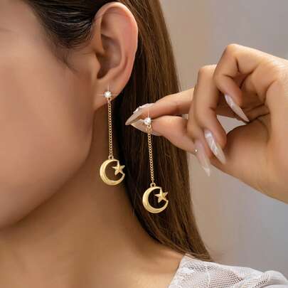 星月造型长耳环，优雅时尚的女士首饰，适合庆典、节日、斋月等场合佩戴。