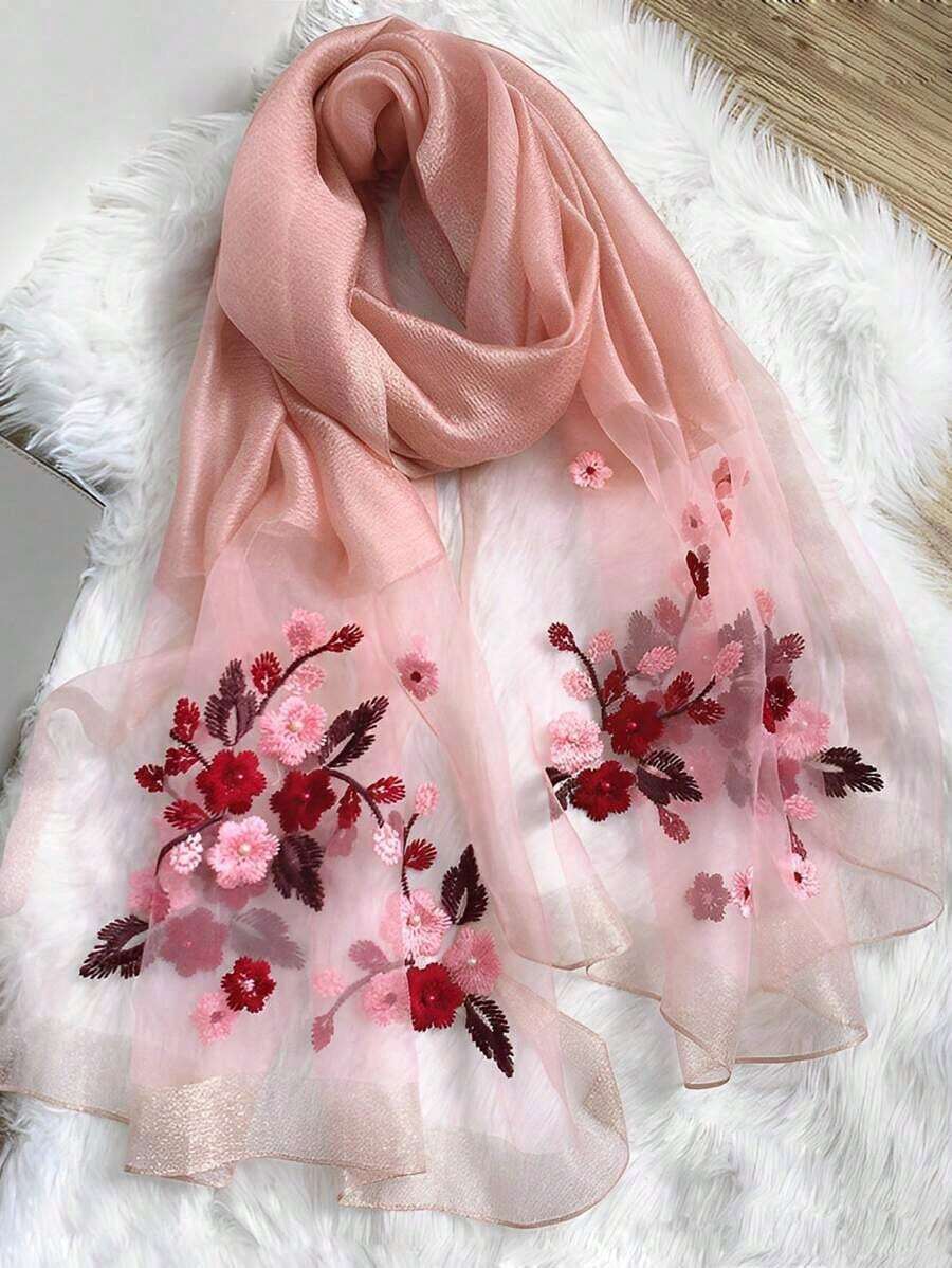 Women Elegant Pink Solid Beaded Floral Embroidery Scarf For Summer Travel, Autumn & Winter Warmth, Decorative Shawl Valentine Day OMAQ - 粉色 - 查看 1