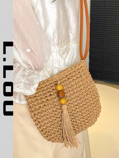 Handmade Straw Crossbody Bag, Summer New Arrival Fresh Tassel & Wooden Bead Woven Bag, Versatile Beach Bag For Women