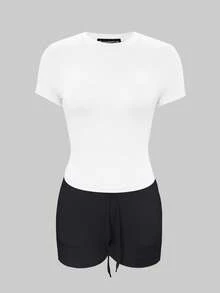 LovelyWholesale Women's Casual Solid Color Round Neck Short Sleeve T-Shirt And Drawstring Shorts Set, Summer Elegant - Black and White - View 6