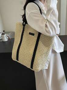 INS Hollow Paper Rope Large Capacity Woven Bag, One Shoulder Straw Bag, Handbag, Commuter Tote Bag, Beach Bag, Portable - Beige - View 2