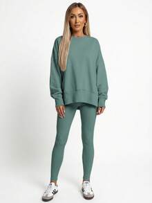 Women's 2 Piece Loungewear Set - Soft Ribbed Oversized Sweatshirt & High Waist Leggings-Ultra Soft Pajama Set For Women  - Casual Tracksuit For Airport Outfit & Lounging-Cozy Matching Outfit For Travel Yoga Home - 綠色 - 查看 10