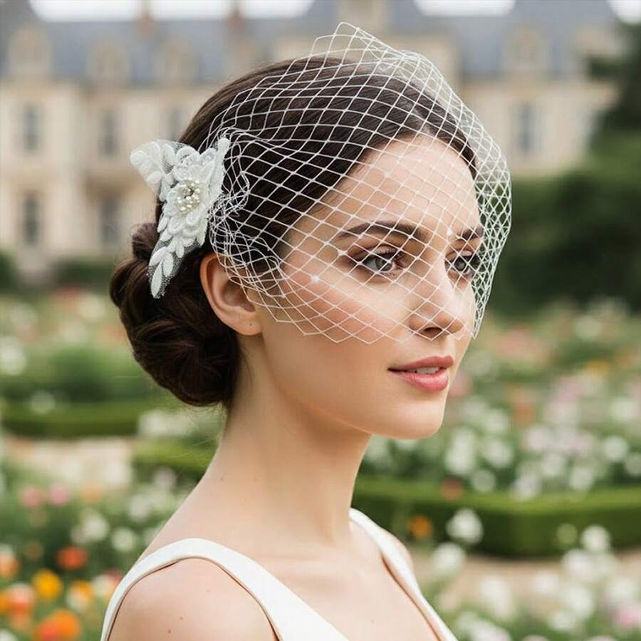 1 chiếc khăn voan ren voan cổ điển trang trí hoa và ngọc trai giả, phụ kiện đội đầu cho đám cưới/tiệc tùng/chụp ảnh. - trắng - Xem 1