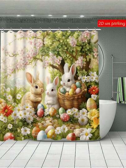 4件套浴室防水防霉速干涤纶浴帘套装，72x72英寸，包含彩色复活节兔子和彩蛋花园图案，配有浴垫、U型马桶盖套和12个免费挂钩，适用于家庭、公寓、宿舍。[复活节浴帘]，复活节装饰品
