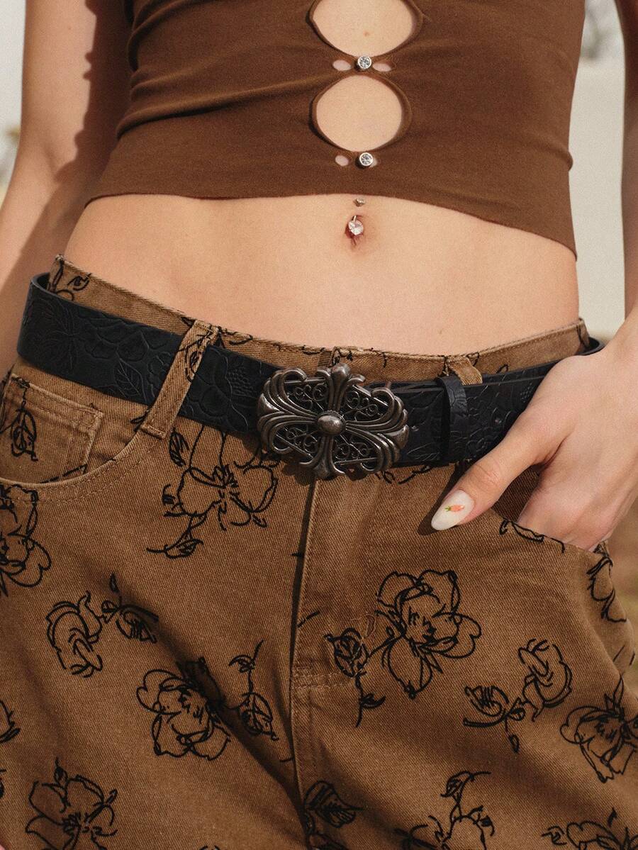 Glisma 1pc Women's Retro Alloy Buckle Printed PU Waist Belt, Suitable For Western Cowboy Style Summer, School Fall, Autumn, Halloween - Black - View 1