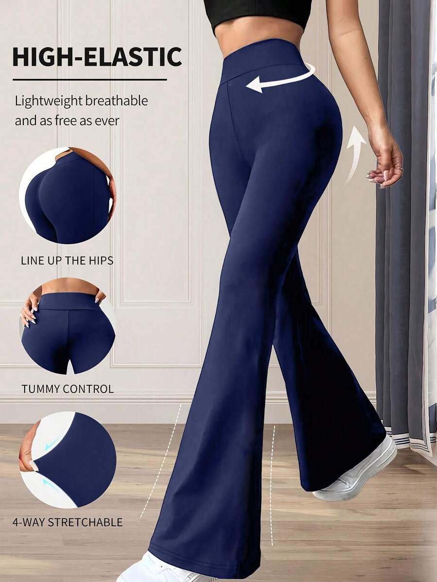 Pantalones de yoga de cintura alta con pierna acampanada y ajuste delgado, pantalones acampanados de compresión de unicolor y elásticos para mujer, ropa deportiva casual de primavera - Azul Marino - Ver 1