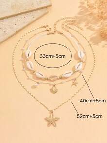 3件套波西米亚风沙滩贝壳项链，金色海星珍珠多层颈链，适合夏季度假 - 金色 - 查看 4