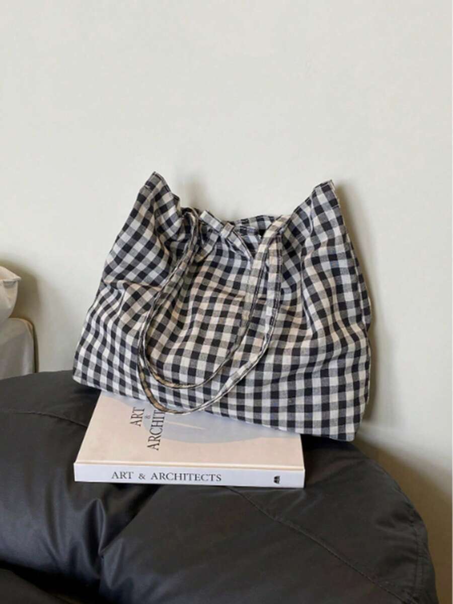 2025新款韩版格子蝴蝶结帆布手提包，清新单肩包，大容量，适合上学、通勤、旅行 - 黑色 - 查看 1