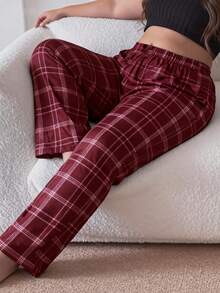 Đồ ngủ cỡ lớn dành cho nữ, quần pajama dài kẻ caro màu đỏ đô, quần mặc nhà rộng rãi và thoải mái, thích hợp cho mùa hè. - Đỏ - Xem 3