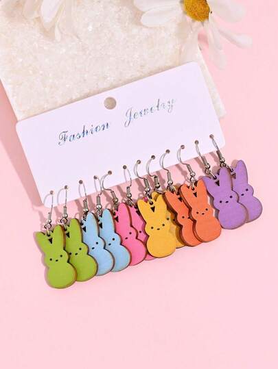 12pcs Easter Cute Rabbit Wooden Earrings Set, Candy Color Wooden Holiday Earrings Suitable For Women's Daily Wear, Party Gift