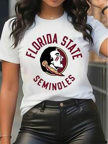 Women's Florida State Seminoles Graphic Short Sleeve T-Shirt, Casual Crew Neck Sports Team Printed Top, Vintage College Logo Tee For Summer Daily Wear,Tops For Women,Women Tops,Women's Tops Clothes ,Women Tops, Blouses & Tee  Camiseta Para Mujer,Motif Women Clothes,Summer Clothes,Spring Outfits For Women,Graphic Tees Women,Black Top,Summer Tops, - trắng - Xem 6