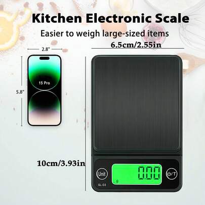 1个小型电子秤，可用于称量茶叶、咖啡豆、粉末、珠宝、金属等小物件。最大称量500克，适用于厨房和日常计量。本产品不含电池和砝码。