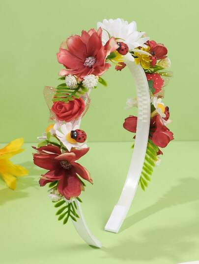 1pc Girls Red Floral & Ladybug Headband, Fabric Flowers & Foliage Hairband, Vibrant & Whimsical Hair Accessory For Spring, Garden Parties & Outdoor Events