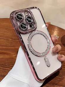 Ốp điện thoại đính đá sang trọng 2025, tương thích với iPhone 17 Air 16 15 14 13 12 11 Pro Max Plus, bảo vệ ống kính trong suốt có nam châm. - Hồng - Xem 1