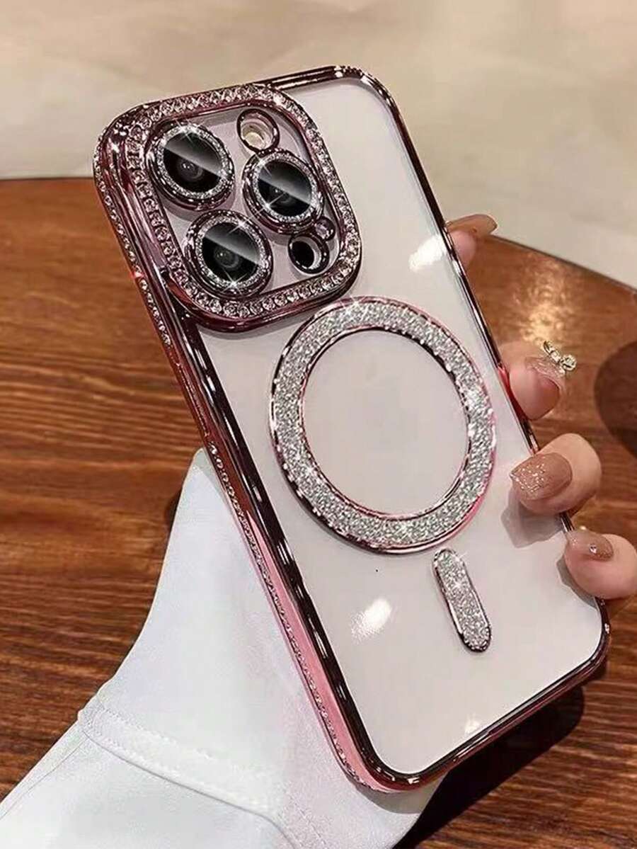 2025 奢华水钻镶嵌手机壳,兼容 17 Air 16 15 14 13 12 11 Pro Max Plus,磁吸式透明镜头保护 - 粉色 - 查看 1