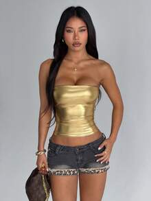 Women's Music Party Bandeau Top, Summer Y2K - Gold - View 5