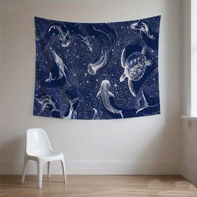 A Deep Blue Ocean And Turtle/Whale Starry Night Print Tapestry. Washable Wall Decoration Suitable For Living Rooms, Bedrooms, Dormitories, RVs, Home Parties, And As A Gift. Includes An Installation Kit.