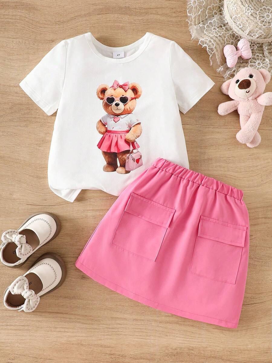 Young Girl' Sweet & Cute White Round Neck Cartoon Bear Print Top And Fuchsia A-Line Pocket Skirt Set, Fashionable Everyday Outfit - Pink - View 1