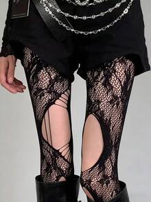 1双Y2K朋克哥特风渔网袜，不对称做旧设计，酒红色/黑色，朋克风性感过膝蕾丝袜 - 彩色 - 查看 3
