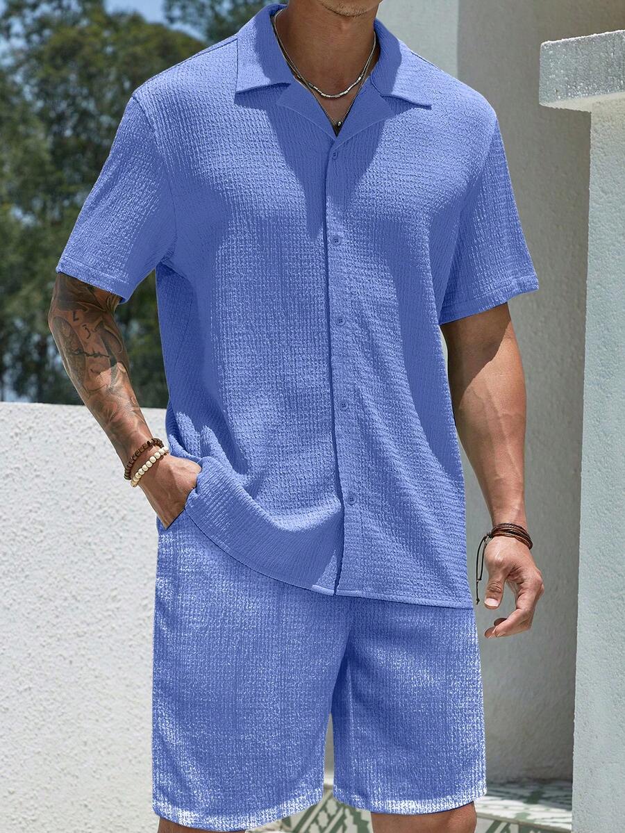 2pcs/Set Fashionable Jacquard Weave Casual Loose Short Sleeve Shirt And Pants Set, Versatile Lightweight Beach Holiday Outfit, Suitable As Gift For Husband/Boyfriend - 霧霾藍 - 查看 1