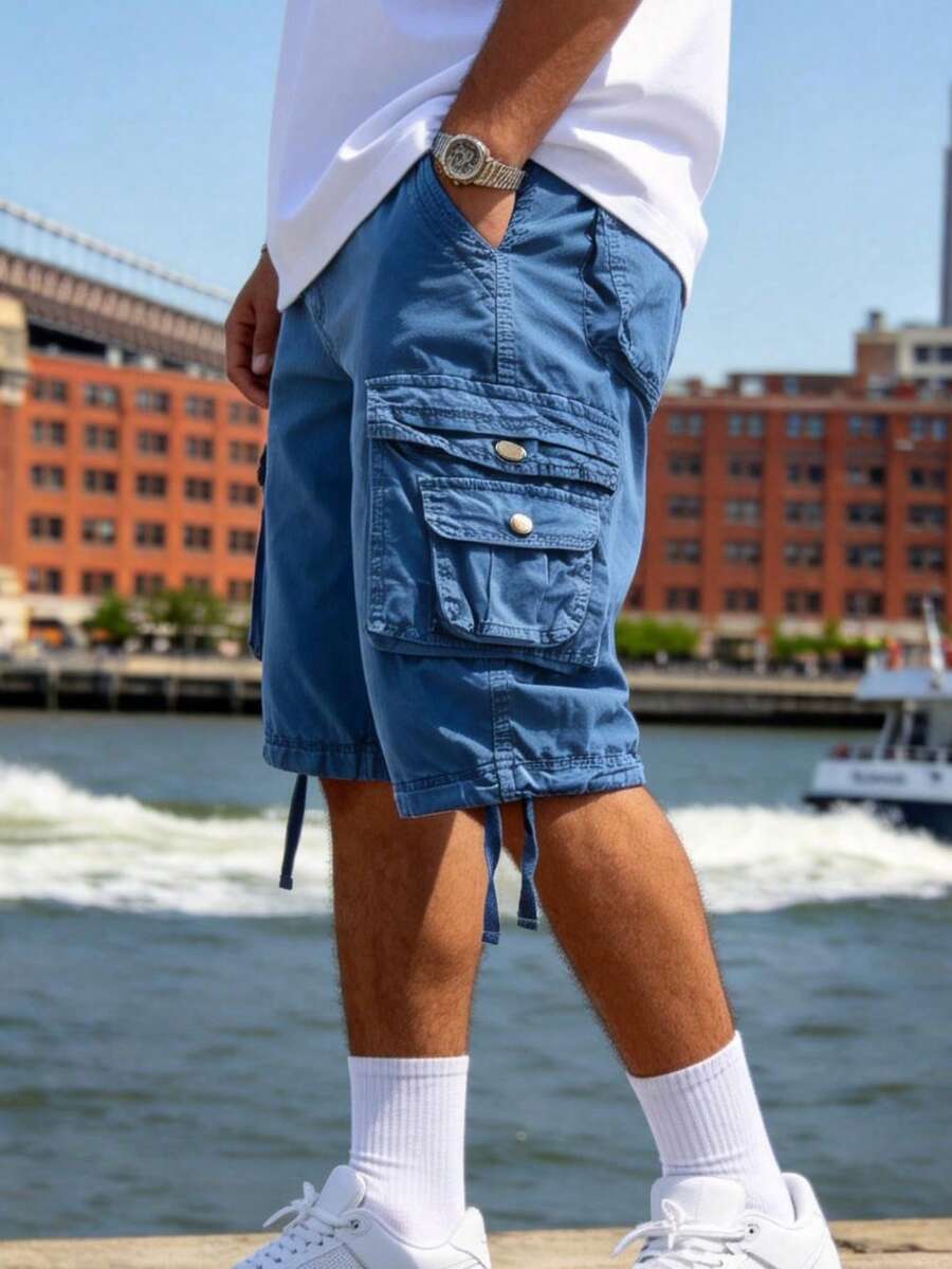 Men's Cotton Cargo Shorts Multi-Pocket Tactical Shorts With Button Closure Pockets, Breathable Casual Shorts For Summer Outdoor Activities Hiking Fishing And Camping - 藍色 - 查看 1
