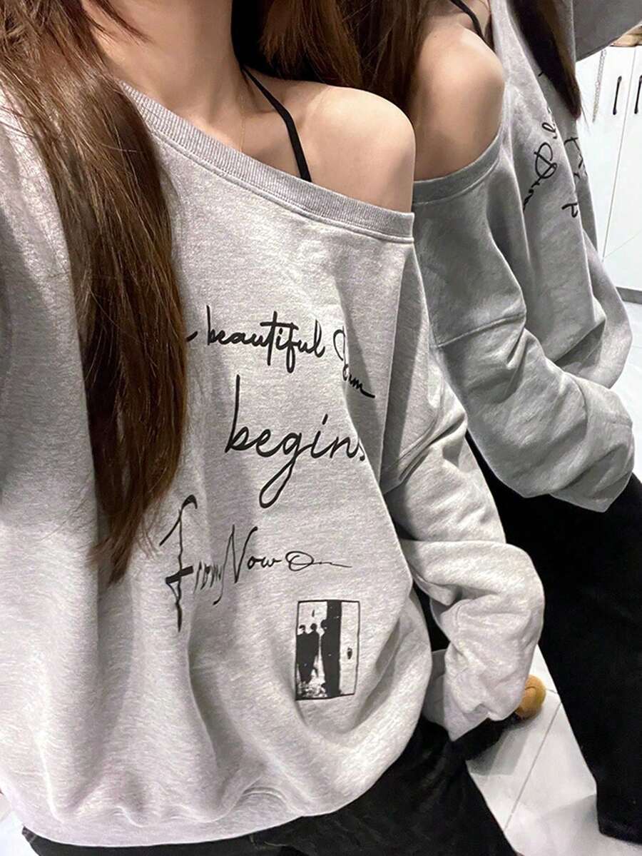 Sudadera holgada de manga larga con cuello oblicuo y hombros caídos, diseño retro estadounidense de otoño para mujer, de uso casual - Gris - Ver 1