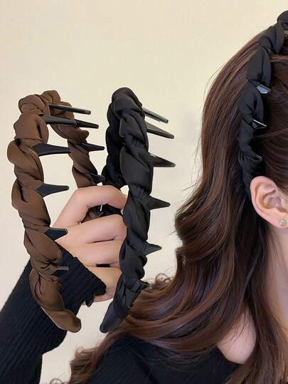 1件/2件装黑色高冠华丽发箍，毛绒牙齿发圈，2025新款优雅日常佩戴发夹，家居美发饰品