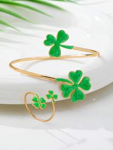 Bộ 2 món vòng tay và nhẫn hình giọt dầu bốn lá màu vàng và xanh lá cây bằng kim loại, trang sức thời trang thanh lịch cho các bữa tiệc và ngày lễ. - màu xanh lá - Xem 6