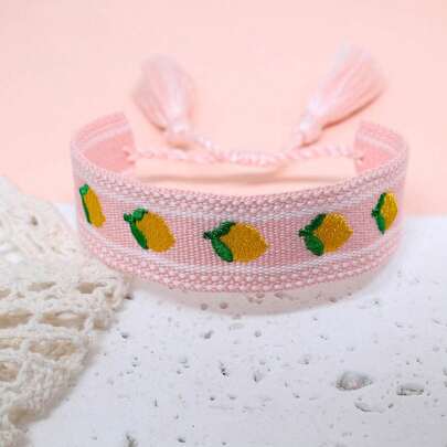 1pc Embroidered Lemon Elegant & Cute Handmade Braided Bracelet, Adjustable Size, Suitable For Party, Travel, Boho Wear
