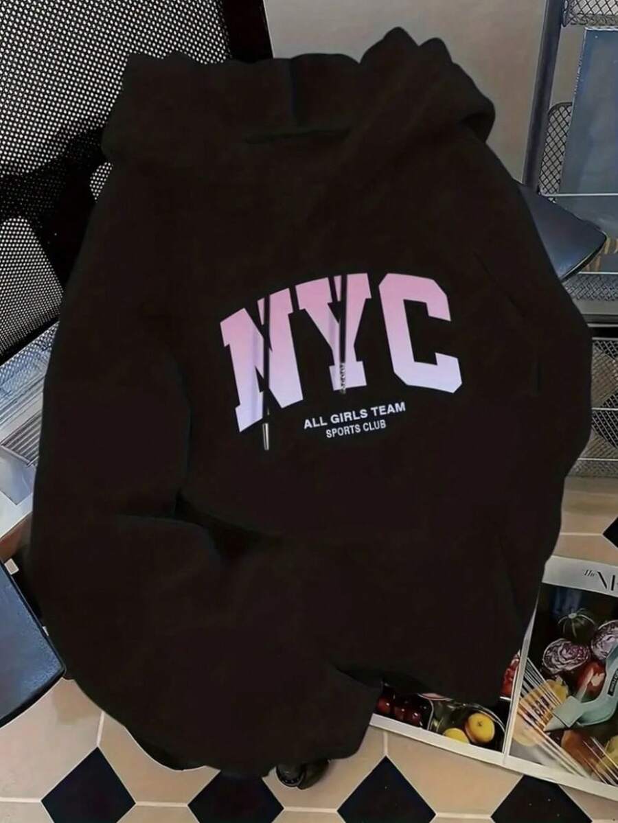 Women's And Men's Casual NYC Winter Style Kangaroo Hoodie, 100% Cotton. - 黑色 - 查看 1