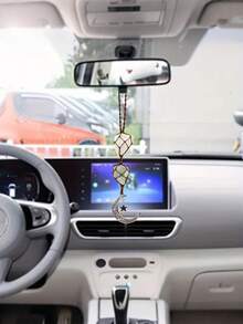 Natural Crystal Rearview Mirror Hanging Decor, Moon & Star Design, Boho Style Home & Auto Accessory - A - View 2