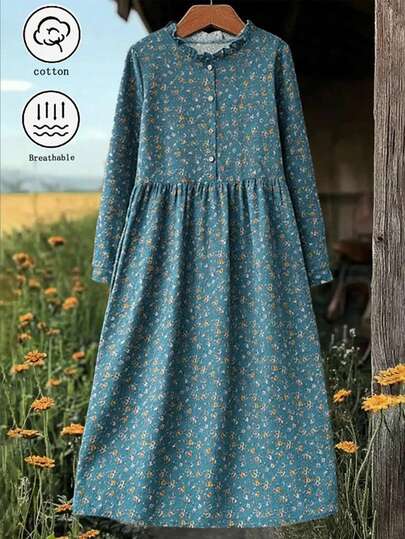 Women's Vintage Ditsy Floral Ruffle Collar Long Sleeve Dress, Elegant Casual Floral Dress, Versatile Commuter Dress, Festival Outfit, A-Line Skirt, Retro Boho Style Vacation Dress Spring