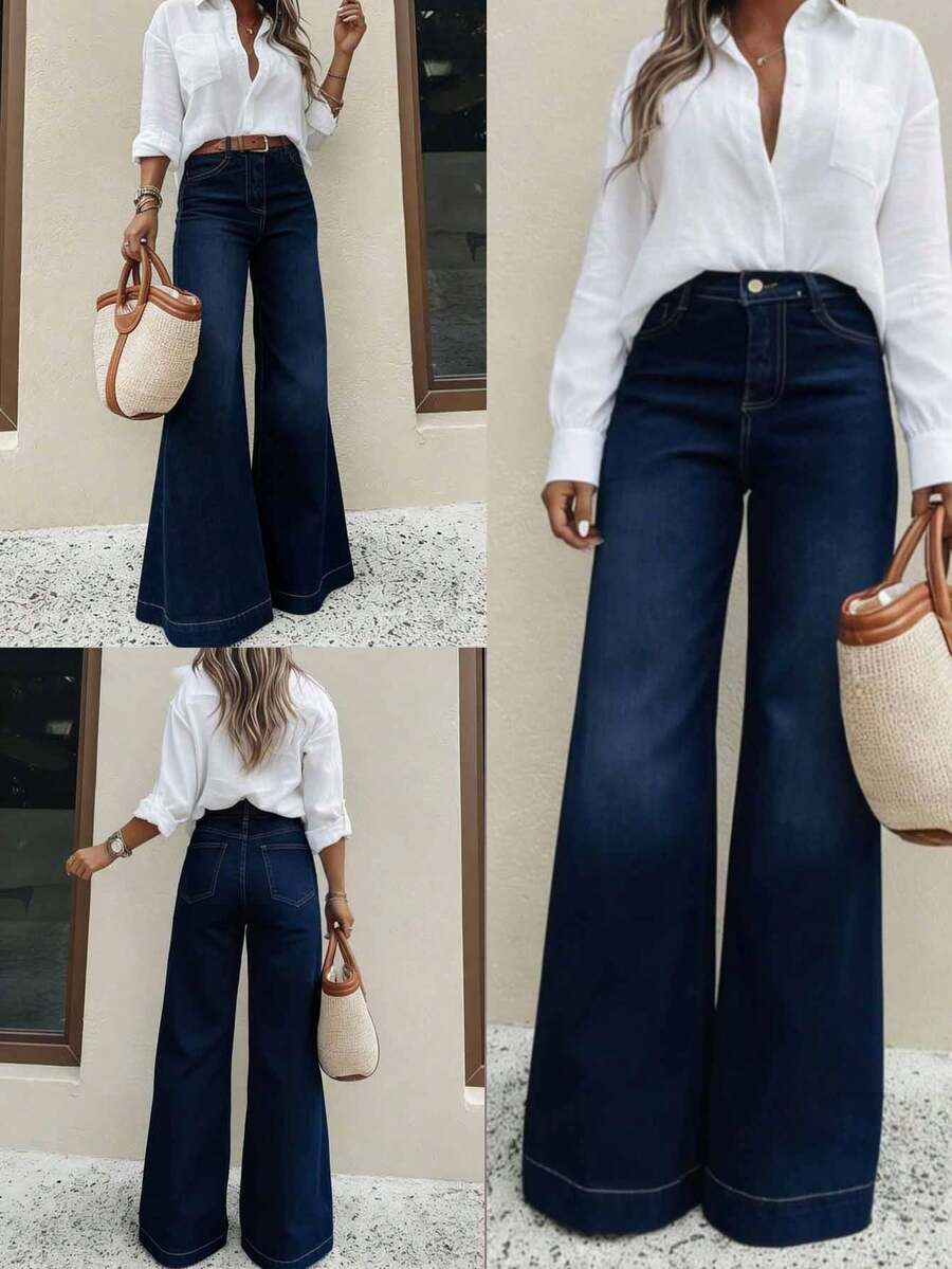 Pantalones vaqueros anchos sueltos y versátiles de mujer con diseño de bolsillos Pantalones De Mujer Mezclilla Anchos Vestir Flojos Casual Cargo De Algodón Acampando En Oferta Baggy Curvy Elegante