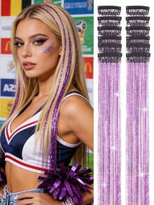 12 件/盒闪亮 20 英寸长直发绿色、银色、紫色、黄色、蓝色、粉色彩色发丝，夹式合成接发套装，适合女孩圣诞节、万圣节、派对、情人节、复活节、圣帕特里克节等场合佩戴。 - 查看 13