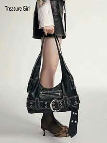 2025 New Retro Underarm Motorcycle Y2K Chic Tote Bag, Large Capacity Shoulder Crossbody Bag For Commuting - Black - View 1