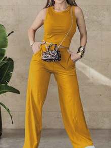 2 piezas Conjunto deportivo casual de mujer, que incluye top y pantalones - Albaricoque - Ver 1