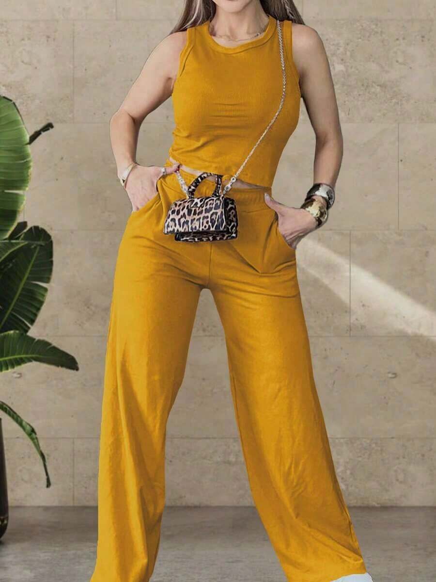 2 piezas Conjunto deportivo casual de mujer, que incluye top y pantalones - Albaricoque - Ver 1