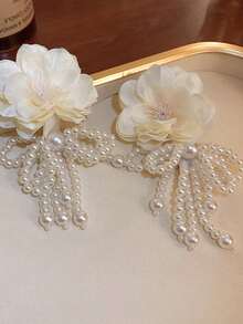 1对白色花朵仿珍珠流苏耳环，春夏款 - 白色 - 查看 3