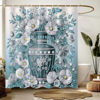 1 pieza Cortina de ducha impresa con florero de diamante 2D, material de poliéster, resistente al agua, sin sombra, adecuada para decoración del hogar y el baño, incluye 12 ganchos
