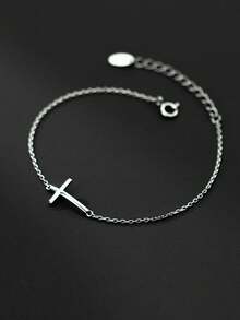 1 pieza Pulsera de plata S925 lisa para mujer, colgante de cruz exquisito, accesorio de mano simple y refrescante - Plateado - Ver 7