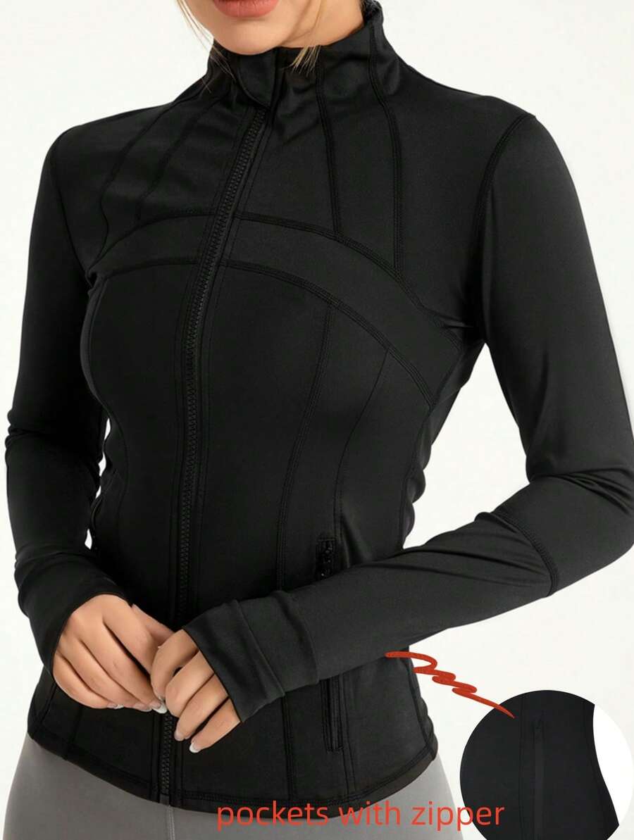 Women's Zip Front Long Sleeve Top  Slim Jacket Fitness Hoodie With Pockets For Workout Casual - 黑色 - 查看 1
