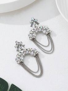 1 Pair Fully Rhinestoned Tassel Drop Earrings With Multi-Layer Chains, Exquisite Fashionable Earrings Suitable For Women's Daily Wear, Parties, Weddings - Diamond Earrings - View 1