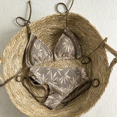 Women's V-Neck Halter Bohemian Style Maple Leaf Pattern Crochet Fabric Tie-Up Bikini Set, Summer