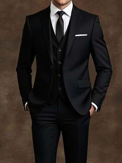 Men's Slim-Fit Black 3-Piece Suit - Elegant Black And White Wedding And Formal Wear, Long Sleeves, Button Closure, Non-Stretch Fabric, Suitable For Office Meetings And Elegant Events All Year Round, Wedding Attire, Slim-Fit Suit