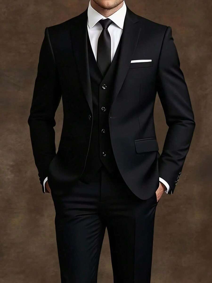 Men's Slim-Fit Black 3-Piece Suit - Elegant Black And White Wedding And Formal Wear, Long Sleeves, Button Closure, Non-Stretch Fabric, Suitable For Office Meetings And Elegant Events All Year Round, Wedding Attire, Slim-Fit Suit - màu đen - Xem 1